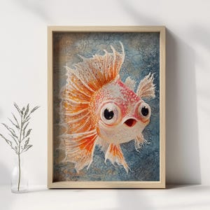 May include: A painting of a goldfish with large, round eyes and a surprised expression. The goldfish is orange and white with a long, flowing tail fin. The background is a blue and white watercolor wash.