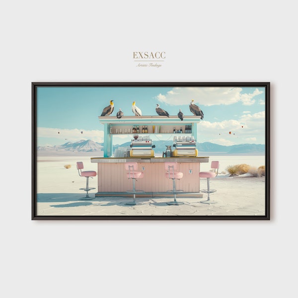 Frame TV Art Travel Retro Coffee Bar in Desert , can be used as Desktop Wallpaper, Salt Flat Landscape Digital Art Download