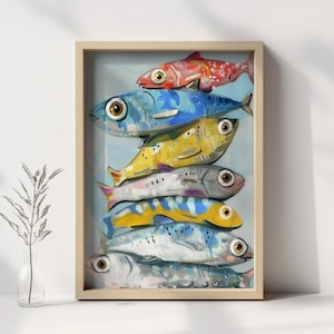 May include: A painting of a stack of colourful fish with blue, yellow, red and white details. The fish are stacked on top of each other, with the largest fish at the bottom and the smallest fish at the top.