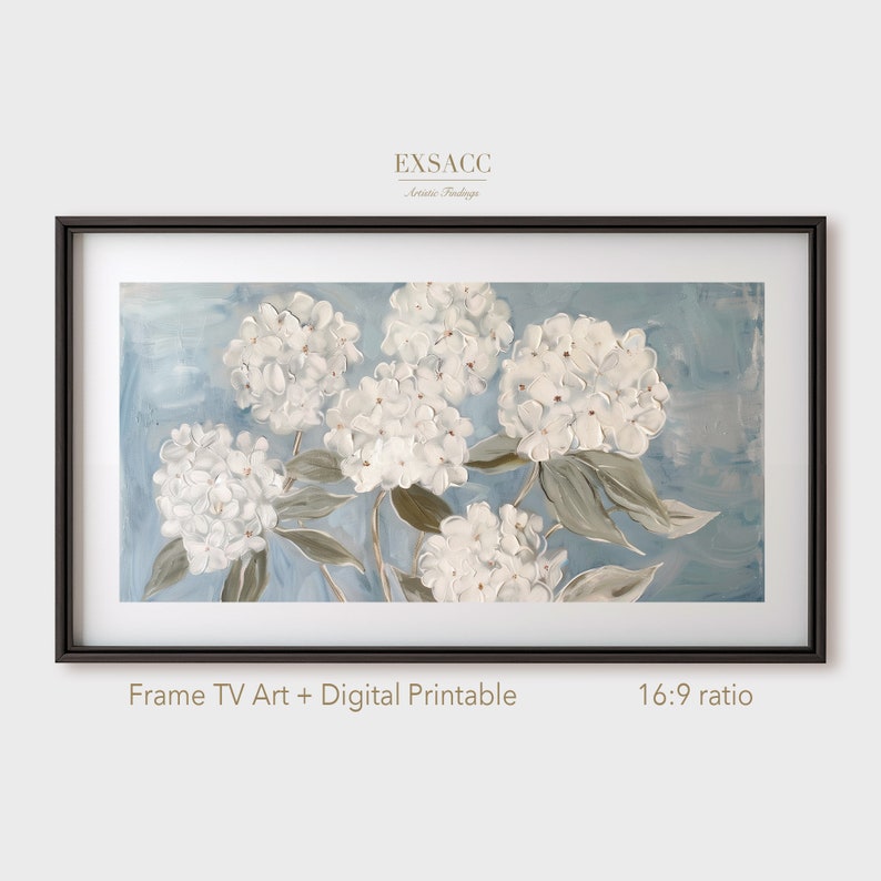 May include: A digital painting of white hydrangeas against a blue background. The painting is framed in a black frame and has the text "Frame TV Art + Digital Printable 16:9 ratio" at the bottom.