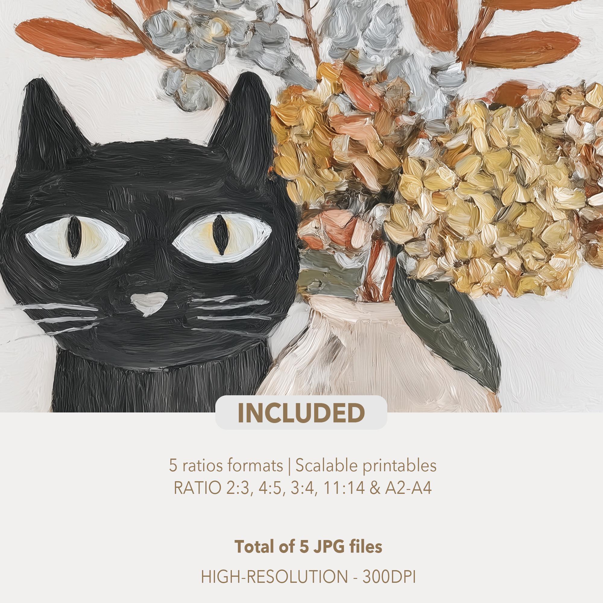 Black Cat Hydrangea Wall Art Printable, Neutral Toned Fall Artwork 