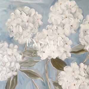 May include: A painting of white hydrangeas on a blue background. The flowers are painted in a realistic style with visible brushstrokes. The text "EXSACC Artistic Finishes" is in the center of the painting.