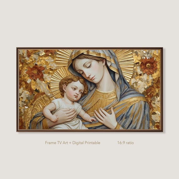Virgin Mary and Baby Jesus Samsung Frame TV Art Fall Gold