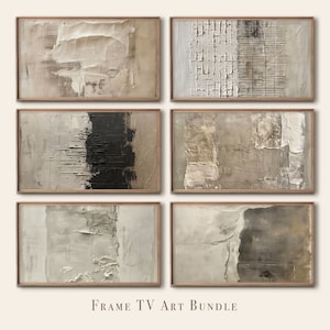 Puede incluir: Conjunto de seis impresiones de arte abstracto en tonos neutros con un aspecto texturizado y en capas. Las impresiones están enmarcadas en un marco de madera clara y presentan una variedad de formas y patrones geométricos.
