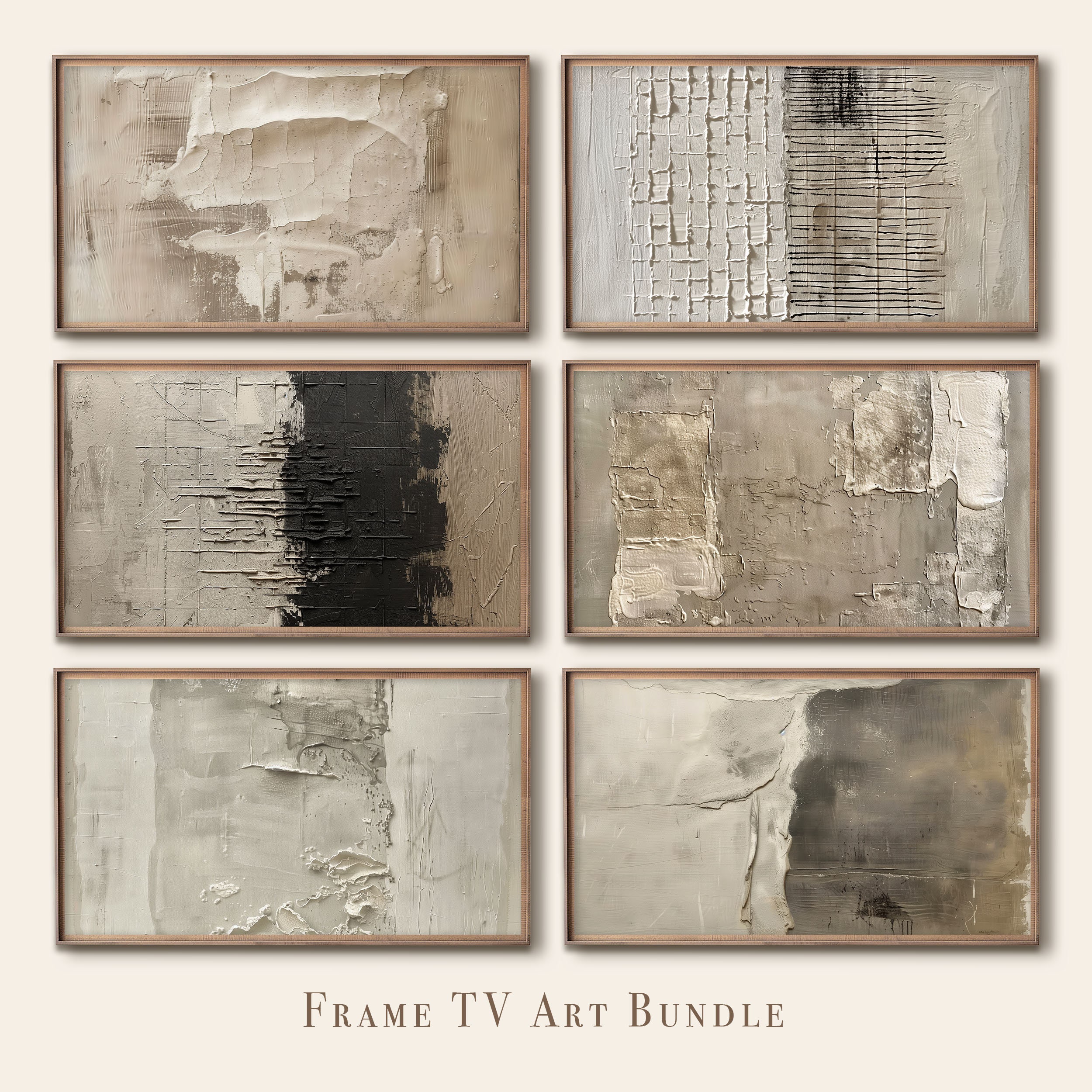 Wabi Sabi 3D Frame TV Art Bundle, Black Beige Clay Abstract