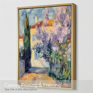 Cottage Oil Painting, Cottage Core Decor Purple Flower Landscape Instant digital download