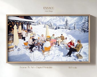 Samsung Frame TV Art Winter Vacation, Retro Vintage Ski Art Desktop Wallpaper, plus printable version for Download