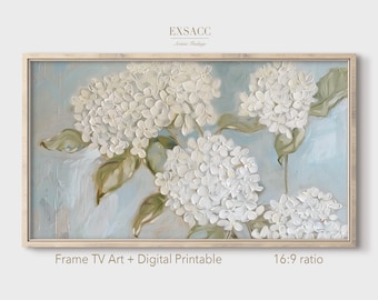 Frame TV Art White Hydrangea, blue and white floral painting desktop wallpaper, plus high quality digital printable Instant Download