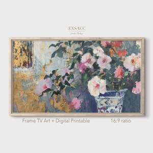 May include: A painting of a bouquet of pink and white flowers in a blue and white vase. The flowers are arranged in a vase with a floral pattern. The background is a light blue and gold color.