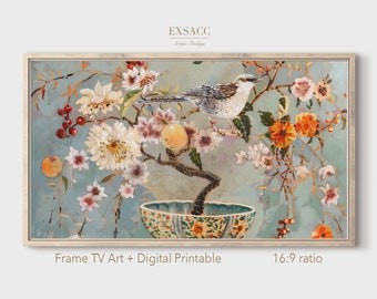 Chinese Peonies Bird Chinoiserie Printable Frame TV Art: Botanical Oil Painting (Digital Downloads)