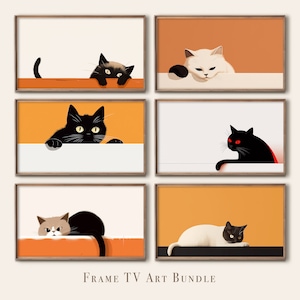 Op de afbeelding: Set van zes ingelijste illustraties met zwarte en witte katten in verschillende poses. De illustraties zijn geplaatst tegen een witte of oranje achtergrond. De lijsten zijn van bruin hout.