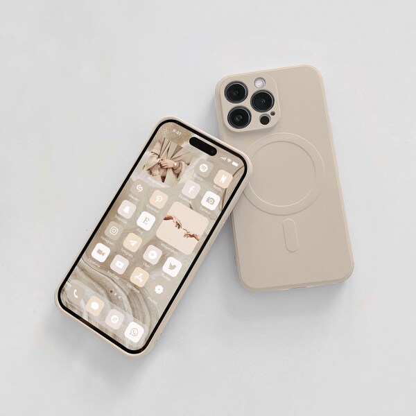 covers app on iphone Beige Magnetic Silicone Case for iPhone & iOS App Icons | Wireless Charging iPhone Cover Compatible with MagSafe for 14 13 12 Pro Max