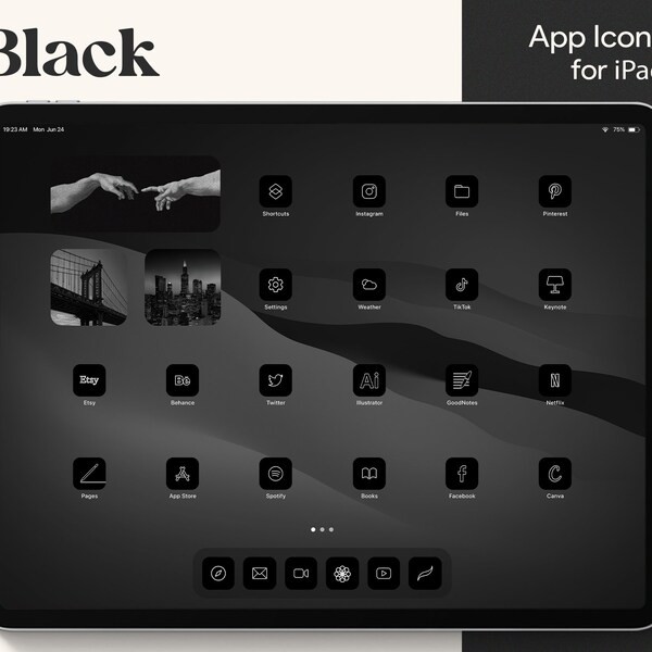 Black Aesthetic iPad App Icons | Dark Monogram iOS 15 Icon Pack  | Black White Custom Covers iPad Icon Set | Monochrome Minimal Home Screen