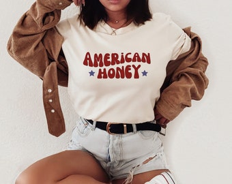 American Honey Short Sleeve Tshirt, 4th of July Tshirt, Fourth of July American Shirt, Retro 4th of July Shirt, Patriotic Shirt for 4th