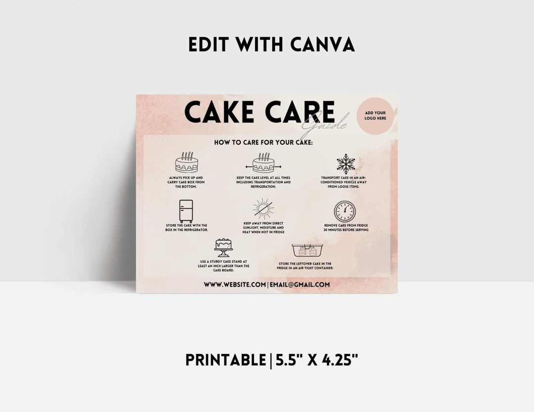 Cake Care Guide - CANVA Editable Template, Cake Care Printable Card ...
