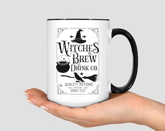 Witches Brew Coffee Mug, Witchy Halloween Gift for Halloween Lover, Witch Hat Broom Halloween Cup, Cute Halloween Mugs, Witchcraft Fall Cups