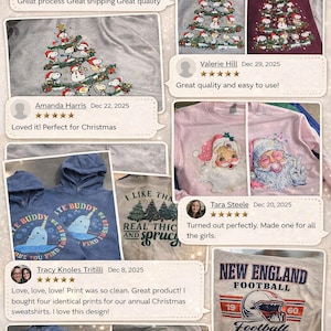 The image is a collage of customer reviews for a product, specifically a hoodie with a Christmas tree design. The reviews express gratitude for the product and its quality, with some customers praising the hoodie's design and others mentioning their satisfaction with the product. The collage includes images of the hoodie in different colors and sizes, as well as customer feedback about the product.