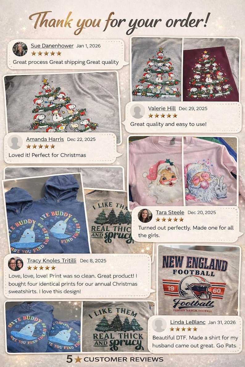 The image is a collage of customer reviews for a product, specifically a hoodie with a Christmas tree design. The reviews express gratitude for the product and its quality, with some customers praising the hoodie's design and others mentioning their satisfaction with the product. The collage includes images of the hoodie in different colors and sizes, as well as customer feedback about the product.