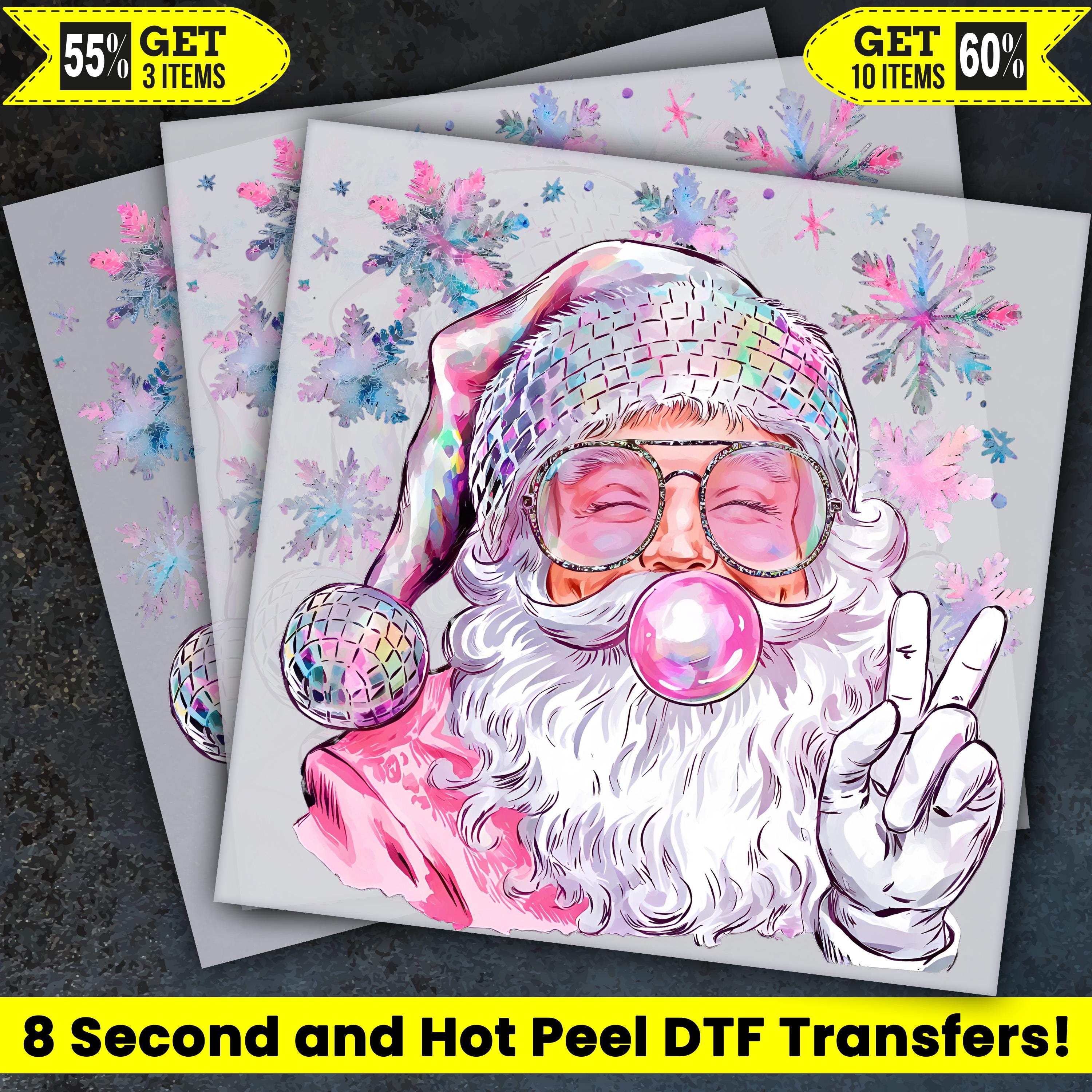 Père Noël rose bubble-gum prêt à presser, transfert Dtf, presse à chaud, transfert Dtf avec peeling à chaud, cadeau de Noël