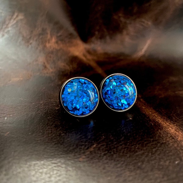 Handmade Blue Glitter 12mm Stud Earrings Cabochon Studs Blue Chunky Glitter Patriotic Independence Day Memorial Day