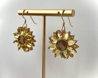 Sunflower Dangle Earrings Layered Acrylic Earrings Fall Harvest Autumn Earrings Yellow Earrings Flowers Gift for Her Halloween Thanksgiving