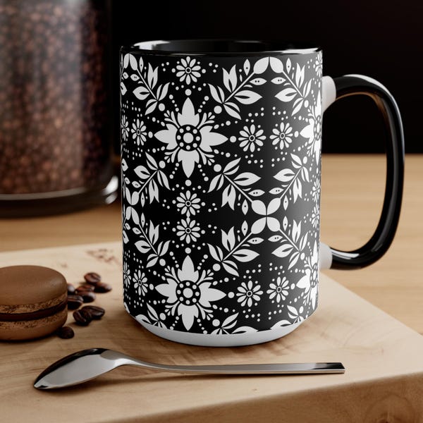 Monochrome Polka Dot Floral Pattern Accent Mug | Black White Ceramic