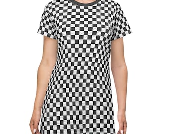 Trendy Checkered T-Shirt Dress, Casual Dress, Summer Outfit, Black and White Dress, Everyday Wear