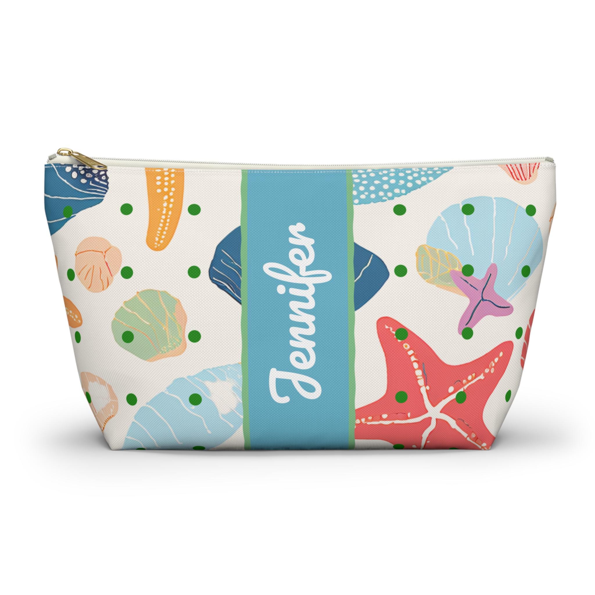 Personalized Travel Case, Beach Themed Gift, Seashell Accessory Pouch, Coastal Bag, Makeup Organizer,  Fun Clutch for Women T-bottom Pouch,