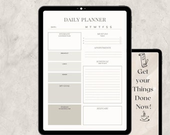 May include: A digital daily planner on a tablet screen with sections for hydration, meals, appointments, schedule, self-care, and a goal section. The text "Get your Things Done Now!" is on a separate tablet screen.