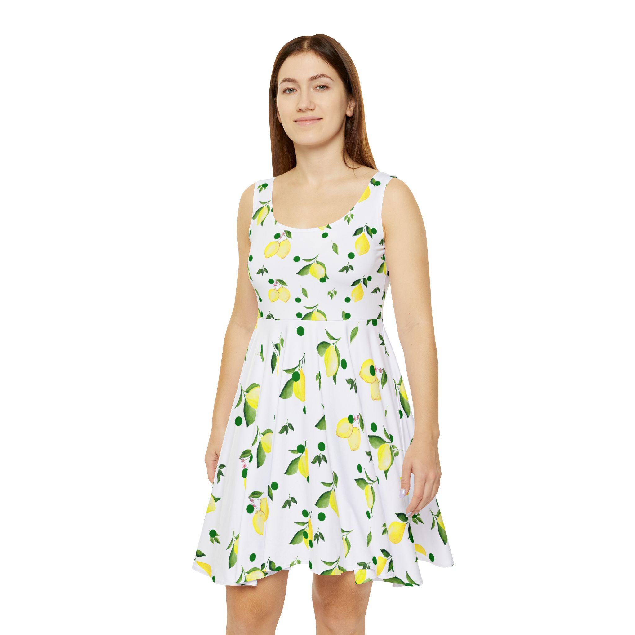 Floral Lemon Skater Dress, Women's Casual Day Wear, Vacation Outfit, Fun Party Dress, Summer Sundress, Sleeveless A-line Dress