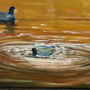 Ducks on a Golden Pond - Hochwertige Kunst Grußkarte im Format 23x2,5 cm mit Umschlag - Original Ölgemälde von Dennis Williams