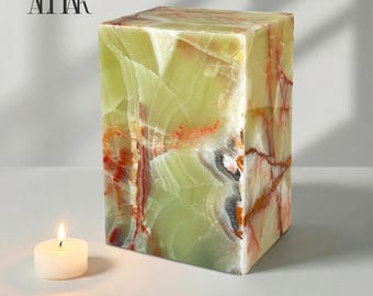 Green Onyx Cremation Urn for Human Ashes – Adult Funeral Urn 120 Cubic Inches – Handcrafted Stone Memorial with Copper Tones