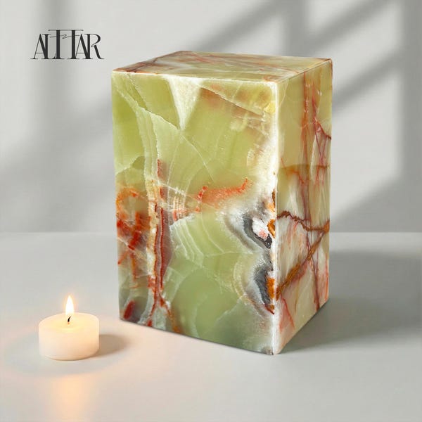 Green Onyx Cremation Urn for Human Ashes – Adult Funeral Urn 120 Cubic Inches – Handcrafted Stone Memorial with Copper Tones