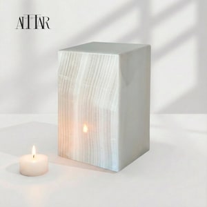 White Onyx Cremation Urn for Human Ashes – Adult Rectangular Funeral Urn 180 Cubic Inches – Handmade Stone Memorial