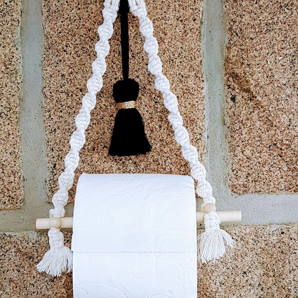 Suspension originale papier toilette en macramé, support mur bohème, idée cadeau, crémaillère, déco salle de bain, noël, dérouleur papier