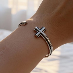 Sterling Silver Cross Cuff Bracelet • Minimalist Adjustable Bangle