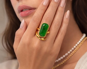 Green Resin Gold Statement Ring | Adjustable Gold-Plated Sterling Silver Ring | Modern Minimal Jewelry