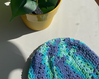 Handmade Crochet Bucket Hat –Lagoon Mix Bucket Hat (Blue/Green + White Trim