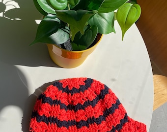 Handmade Crochet Bucket Hat –Ember Stripe Bucket Hat (Orange + blue)
