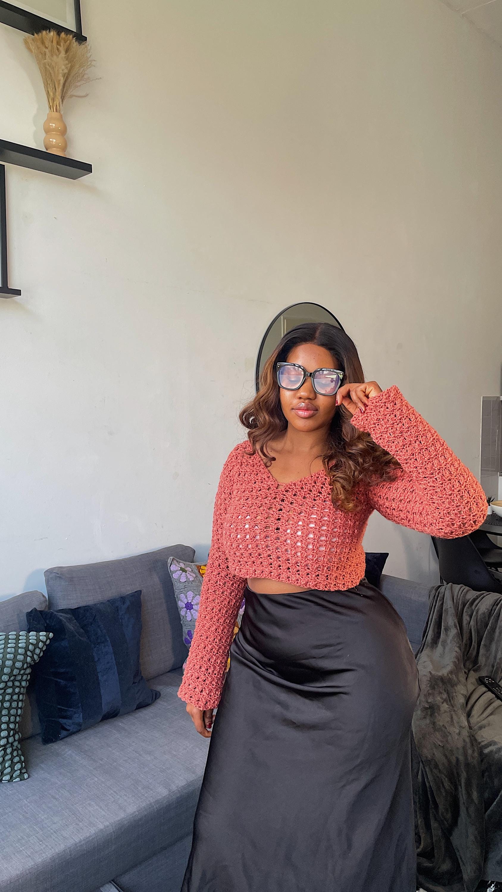 POL V-Neck Crochet Patch Knit Top
