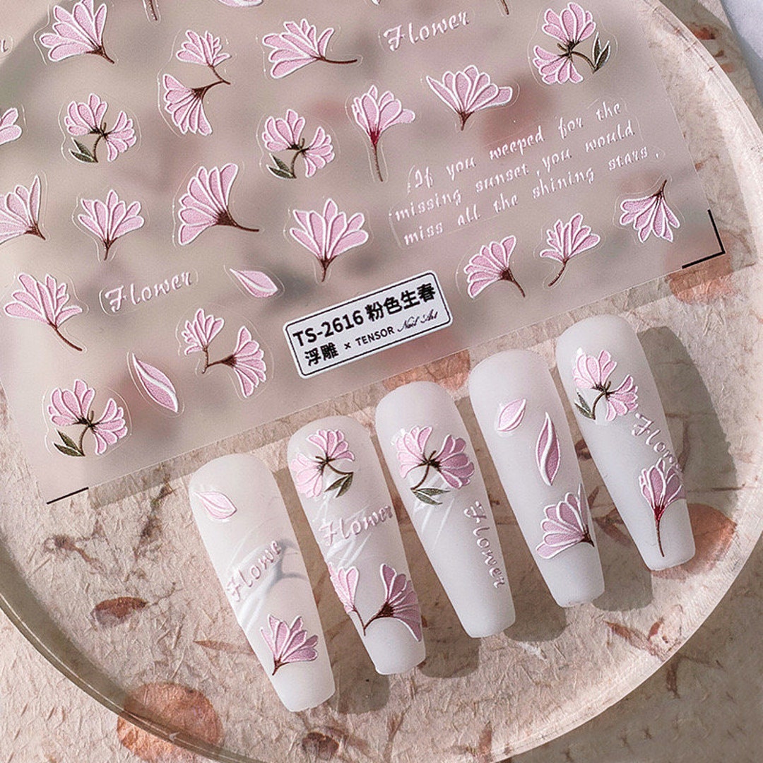 5D Pink Flowers Nail Stickers, Petal Nails Decal, Spring Nail Art