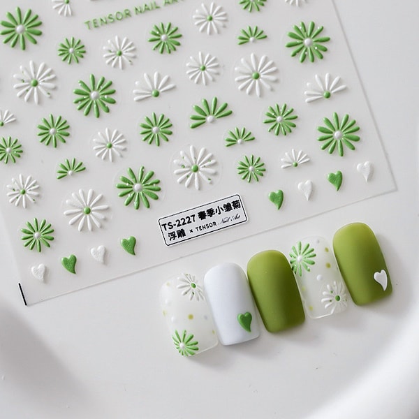 5D Daisy Nail Decal, Flowers Nail Decals, Green and White Daisy Nails Art Stickers, Spring Embossed Nail Stickers (37)