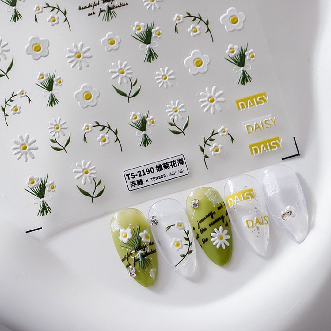 5D Daisy Nail Decal, Flowers Nail Decals, Yellow and White Daisy Nails