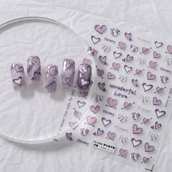 5D Purple Heart Nail Stickers, Cute Nail Decals,  Embossed Nail Art Stickers, DIY Nails (242)