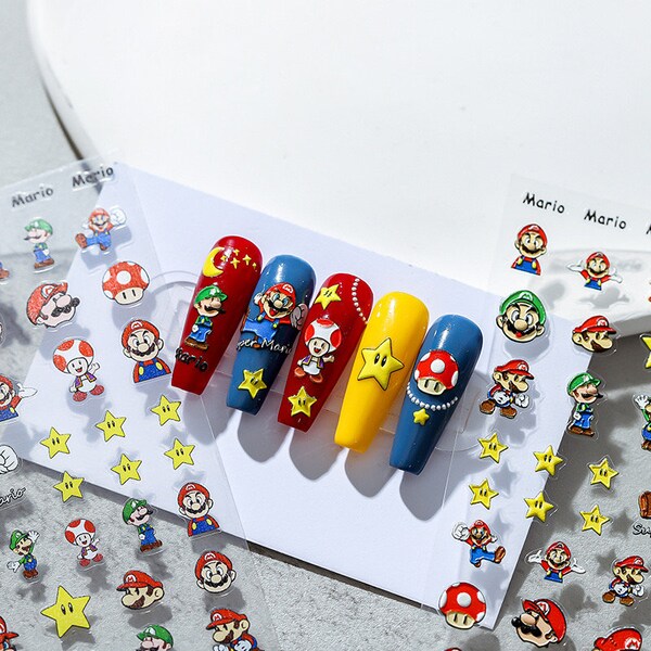 Décalcomanies pour ongles 5D, décalcomanies pour ongles étoiles, stickers art pour ongles royaume champignon, décalcomanies pour ongles dessin animé (15)