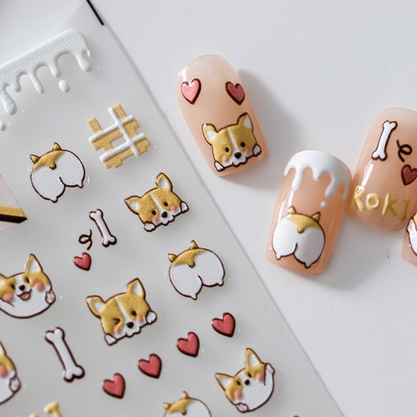 5D Corgi Nail Decal, Puppy Nail Art Stickers,  Cute Dog Embossed Nail Stickers （157）