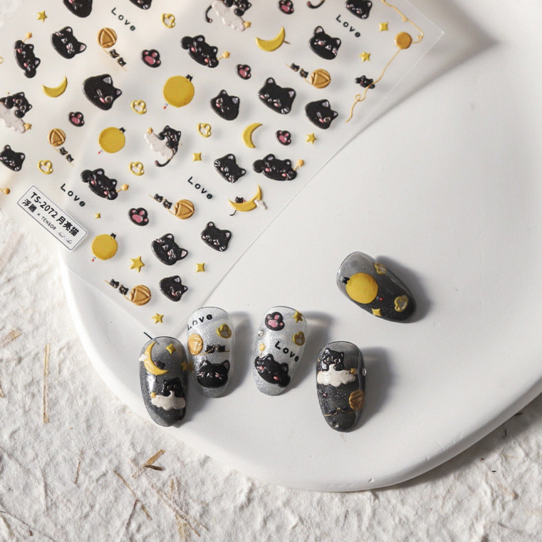 5D Moon Nail Decal, Black Cat Nail Decals, Star Nails Art Stickers