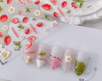 5D Strawberry Nail Art Stickers, Fruits Nail Decal, Embossed Nail Stickers (229）