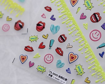 5D Graffiti Nail Decal, Happy Face Nail Stickers, Mouth Embossing Nail Art (306)