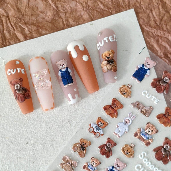 Pegatinas de uñas de oso abrazo 5D, calcomanías de uñas de oso lindo, pegatinas de uñas, arte de calcomanía de uñas en relieve (125)
